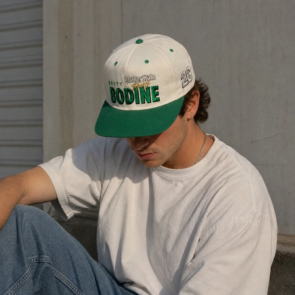 Vintage 90s Brett Bodine NASCAR Snapback Hat Quaker State Racing Green White Cap